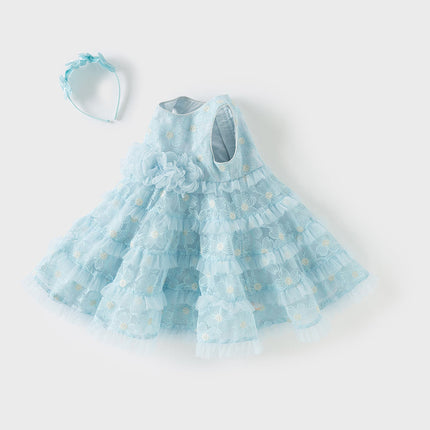 Girls Summer Light Blue Sleeveless Lace Mesh Dress (hair band)