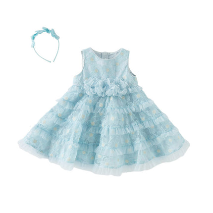 Girls Summer Light Blue Sleeveless Lace Mesh Dress (hair band)