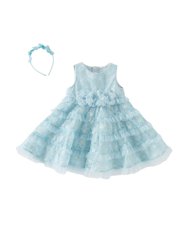 Girls Summer Light Blue Sleeveless Lace Mesh Dress (hair band)