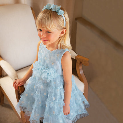 Girls Summer Light Blue Sleeveless Lace Mesh Dress (hair band)