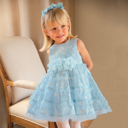 Girls Summer Light Blue Sleeveless Lace Mesh Dress (hair band)