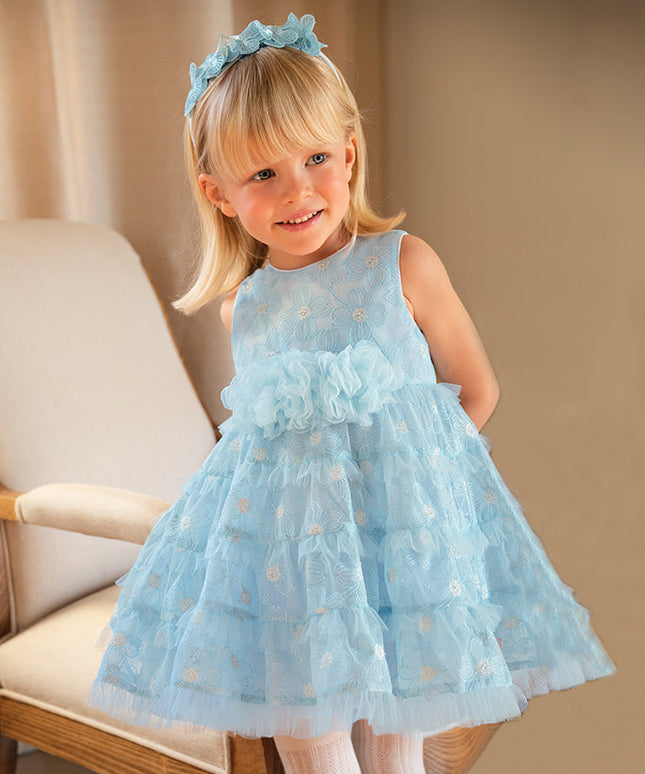 Girls Summer Light Blue Sleeveless Lace Mesh Dress (hair band)