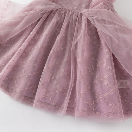 Toddler Girls Summer Grey Purple Mesh Flutter Sleeve Dress (wallet bag)