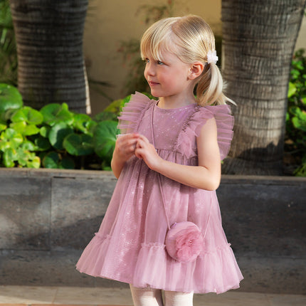 Toddler Girls Summer Grey Purple Mesh Flutter Sleeve Dress (wallet bag)
