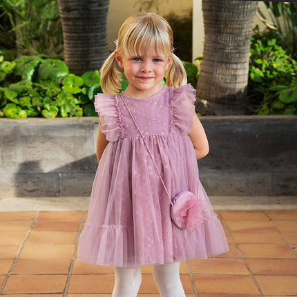 Toddler Girls Summer Grey Purple Mesh Flutter Sleeve Dress (wallet bag)