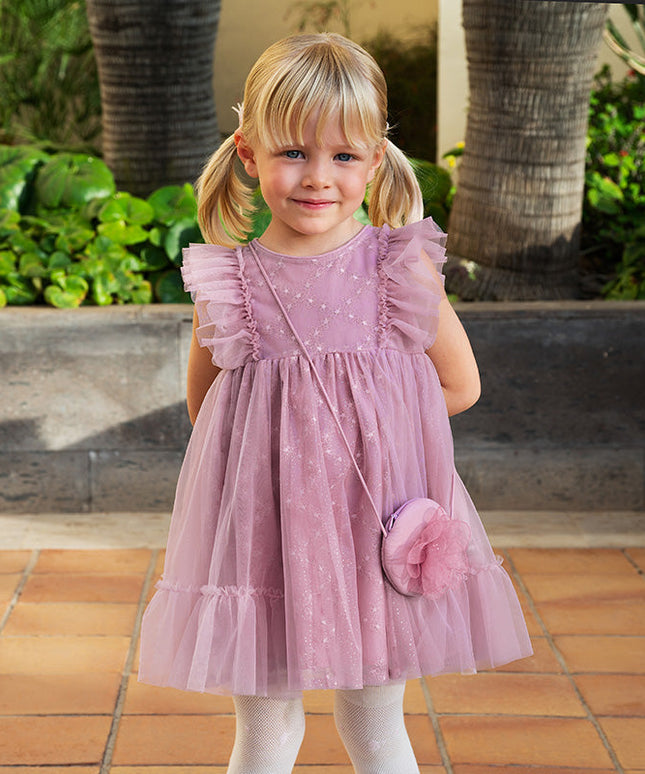 Toddler Girls Summer Grey Purple Mesh Flutter Sleeve Dress (wallet bag)