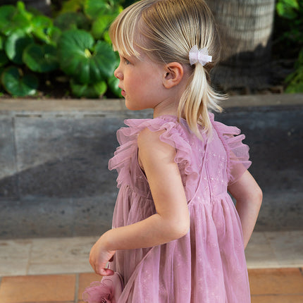 Toddler Girls Summer Grey Purple Mesh Flutter Sleeve Dress (wallet bag)