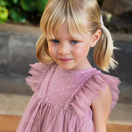 Toddler Girls Summer Grey Purple Mesh Flutter Sleeve Dress (wallet bag)
