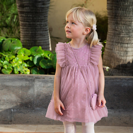 Toddler Girls Summer Grey Purple Mesh Flutter Sleeve Dress (wallet bag)
