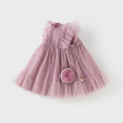Toddler Girls Summer Grey Purple Mesh Flutter Sleeve Dress (wallet bag)