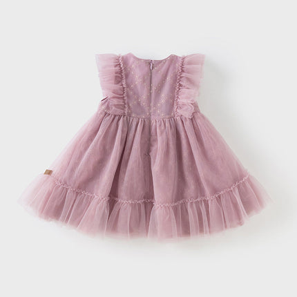 Toddler Girls Summer Grey Purple Mesh Flutter Sleeve Dress (wallet bag)
