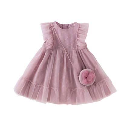 Toddler Girls Summer Grey Purple Mesh Flutter Sleeve Dress (wallet bag)