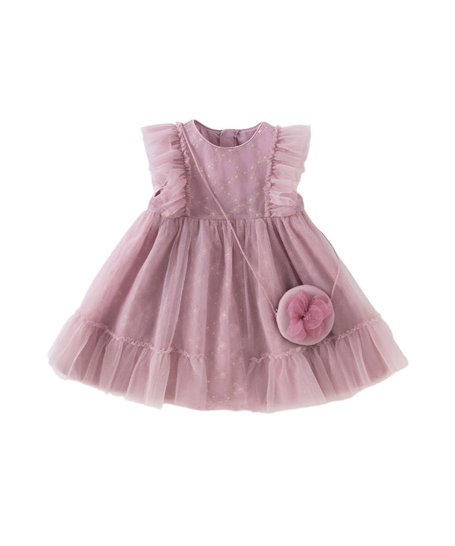 Toddler Girls Summer Grey Purple Mesh Flutter Sleeve Dress (wallet bag)