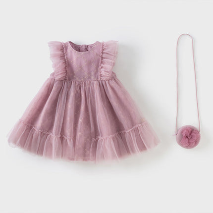 Toddler Girls Summer Grey Purple Mesh Flutter Sleeve Dress (wallet bag)