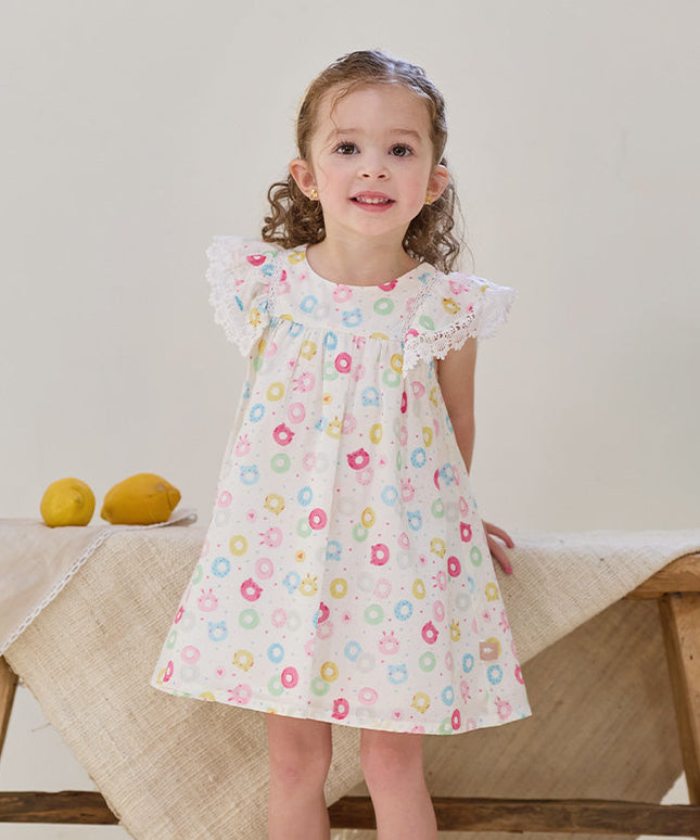 Girls Summer Cotton Doughnut Print Sweet Party Dress