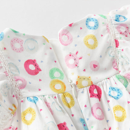 Girls Summer Cotton Doughnut Print Sweet Party Dress