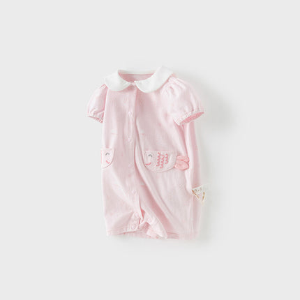Baby Girls Summer Adorable Pink Print Doll Collar Cotton Breathable Rompers
