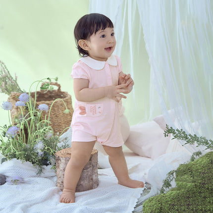 Baby Girls Summer Adorable Pink Print Doll Collar Cotton Breathable Rompers