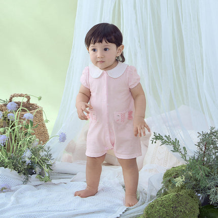 Baby Girls Summer Adorable Pink Print Doll Collar Cotton Breathable Rompers