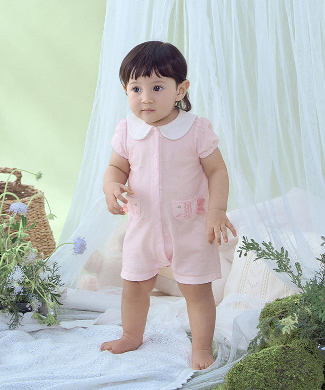 Baby Girls Summer Adorable Pink Print Doll Collar Cotton Breathable Rompers