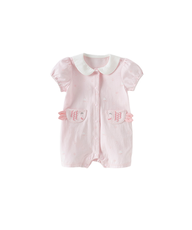 Baby Girls Summer Adorable Pink Print Doll Collar Cotton Breathable Rompers