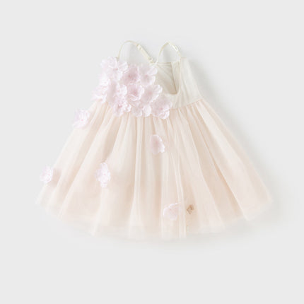 Girls Summer Pink Mesh Flower Halter Dress