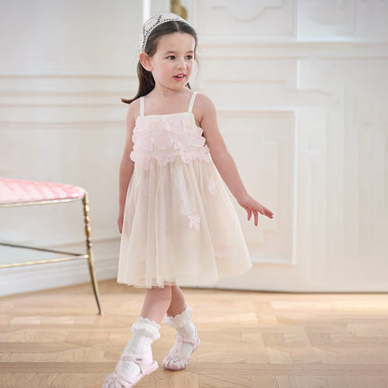 Girls Summer Pink Mesh Flower Halter Dress