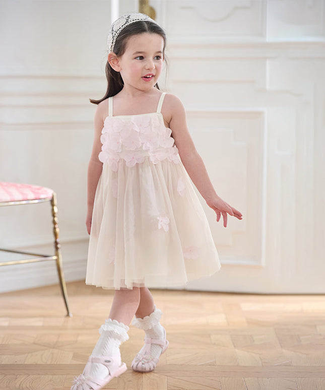Girls Summer Pink Mesh Flower Halter Dress
