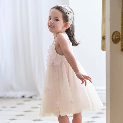 Girls Summer Pink Mesh Flower Halter Dress
