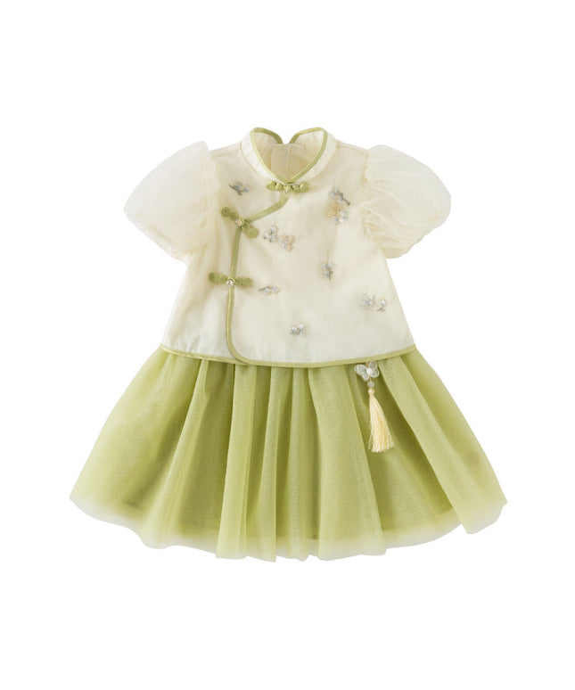Toddler Girls Summer Chinese-style Light Yellow Cute Mesh A-line Dress