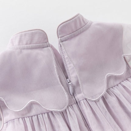 Kids Girls Summer Pretty Sleeveless Grey Purple Flower Mesh Dress (wallet bag)