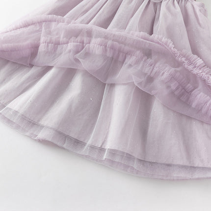 Kids Girls Summer Pretty Sleeveless Grey Purple Flower Mesh Dress (wallet bag)