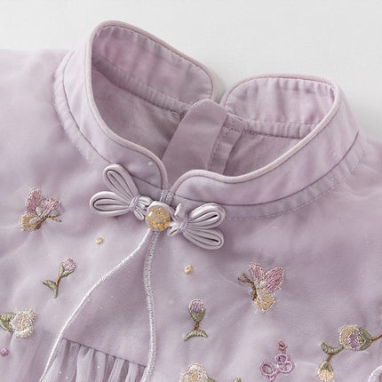 Kids Girls Summer Pretty Sleeveless Grey Purple Flower Mesh Dress (wallet bag)