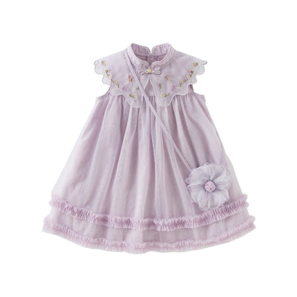Kids Girls Summer Pretty Sleeveless Grey Purple Flower Mesh Dress (wallet bag)
