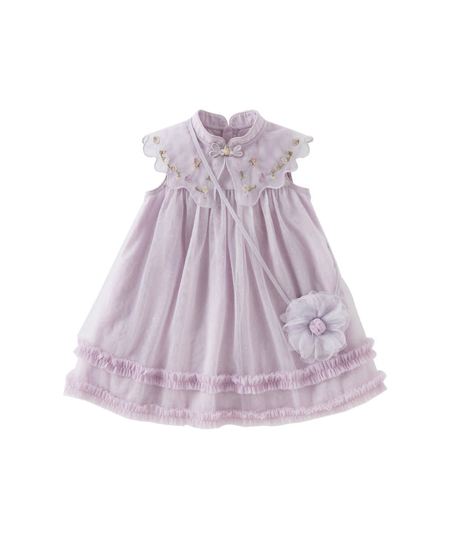 Kids Girls Summer Pretty Sleeveless Grey Purple Flower Mesh Dress (wallet bag)