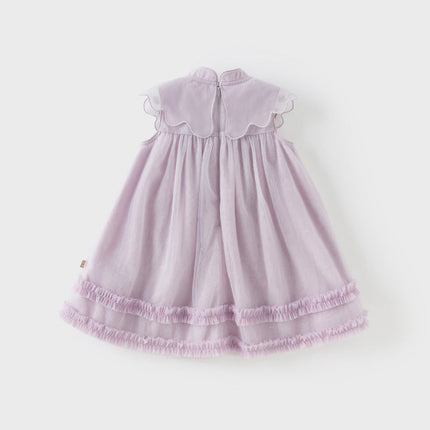 Kids Girls Summer Pretty Sleeveless Grey Purple Flower Mesh Dress (wallet bag)