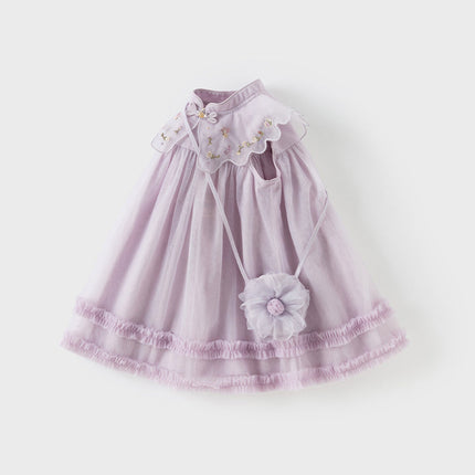 Kids Girls Summer Pretty Sleeveless Grey Purple Flower Mesh Dress (wallet bag)