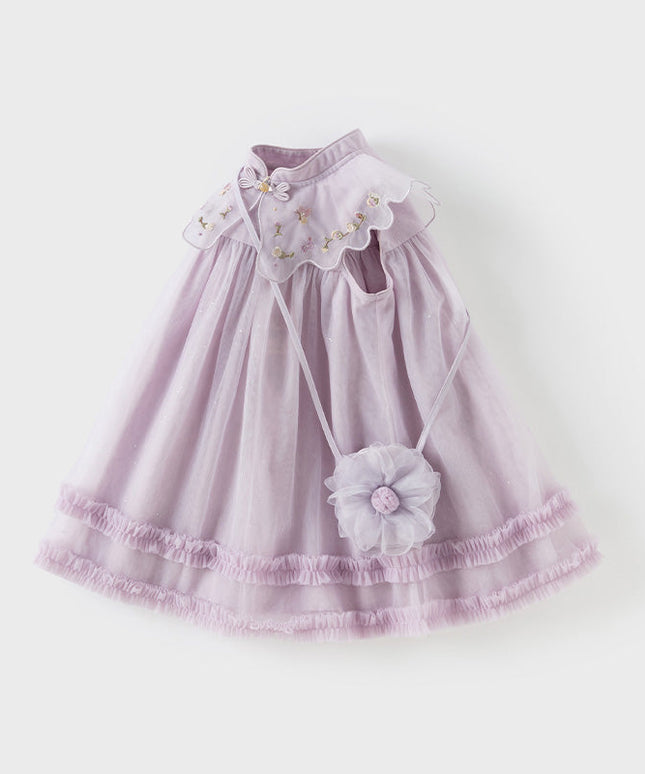 Kids Girls Summer Pretty Sleeveless Grey Purple Flower Mesh Dress (wallet bag)