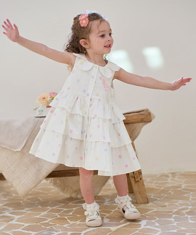 Girls Summer Cotton Colored Dots Sleeveless Dress