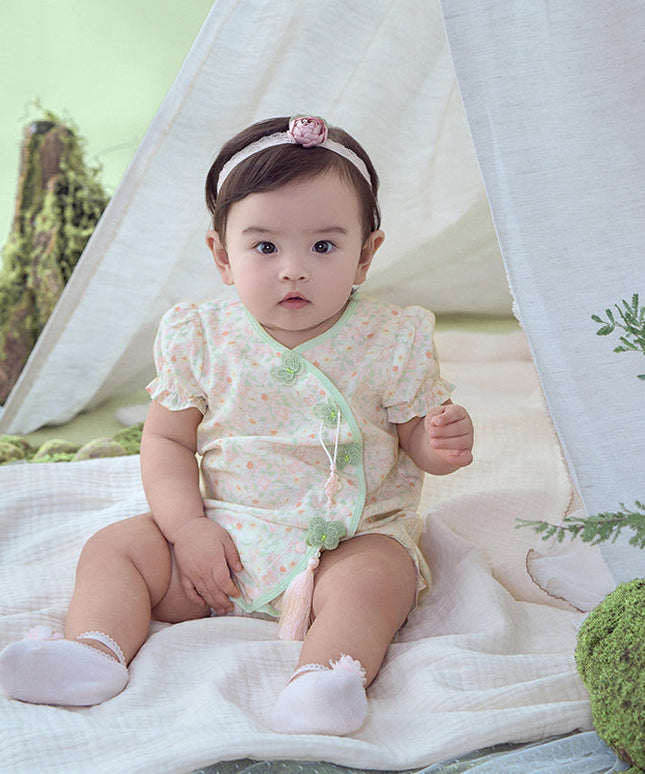 Baby Girls Summer Green Print Chinese-style Soft Rompers