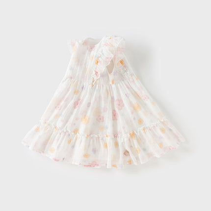 Girls Summer White Floral Print Comfortable Party Dress