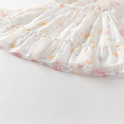 Girls Summer White Floral Print Comfortable Party Dress