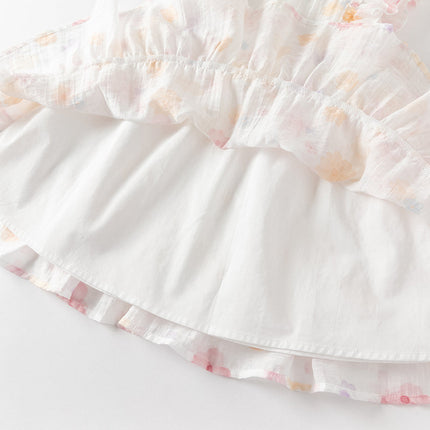 Girls Summer White Floral Print Comfortable Party Dress