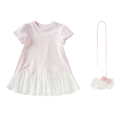 Girls Summer Leisure Pink Classic Outdoor A-line Dress(wallet bag)