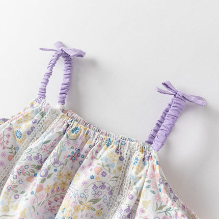 Girls Summer Purple Floral Print Sweet Halter Dress