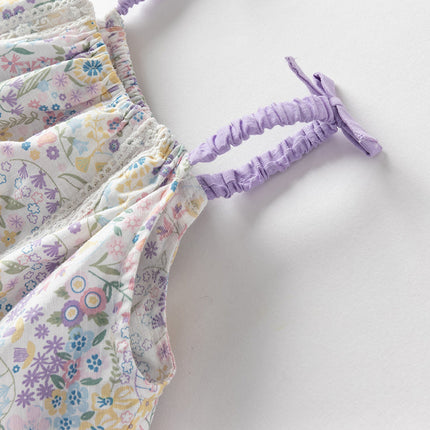 Girls Summer Purple Floral Print Sweet Halter Dress