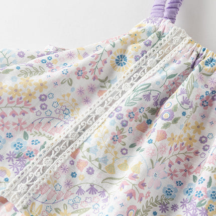 Girls Summer Purple Floral Print Sweet Halter Dress