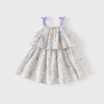 Girls Summer Purple Floral Print Sweet Halter Dress