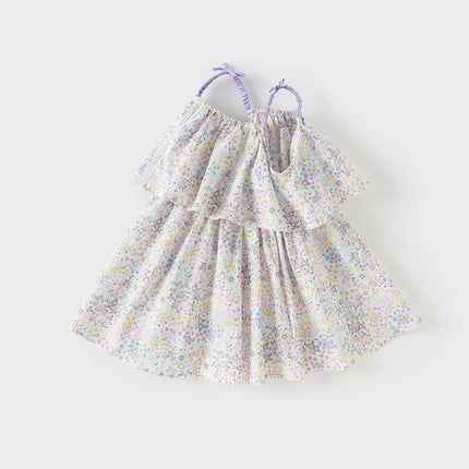 Girls Summer Purple Floral Print Sweet Halter Dress