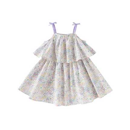 Girls Summer Purple Floral Print Sweet Halter Dress